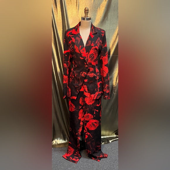 AKIRA Pants - AKIRA Vibrant Red and Black Floral Jacket and Pant suit Set NWT